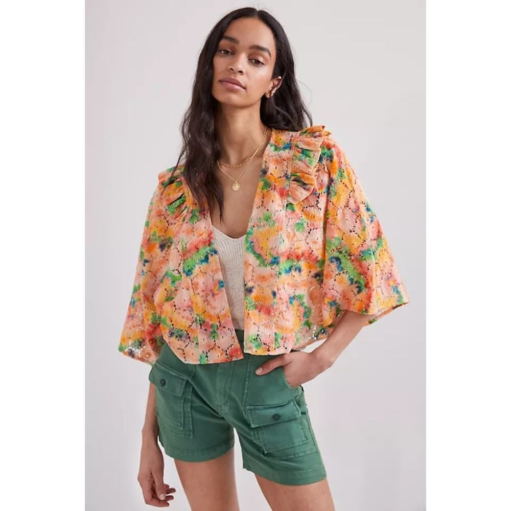 Anthropologie cropped floral lace shrug orange and green ruffle shoulder OSFM
